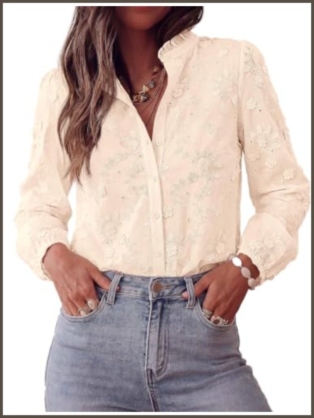 Floral Embroidered Button Down Blouse Ruffle Collar Long Sleeve